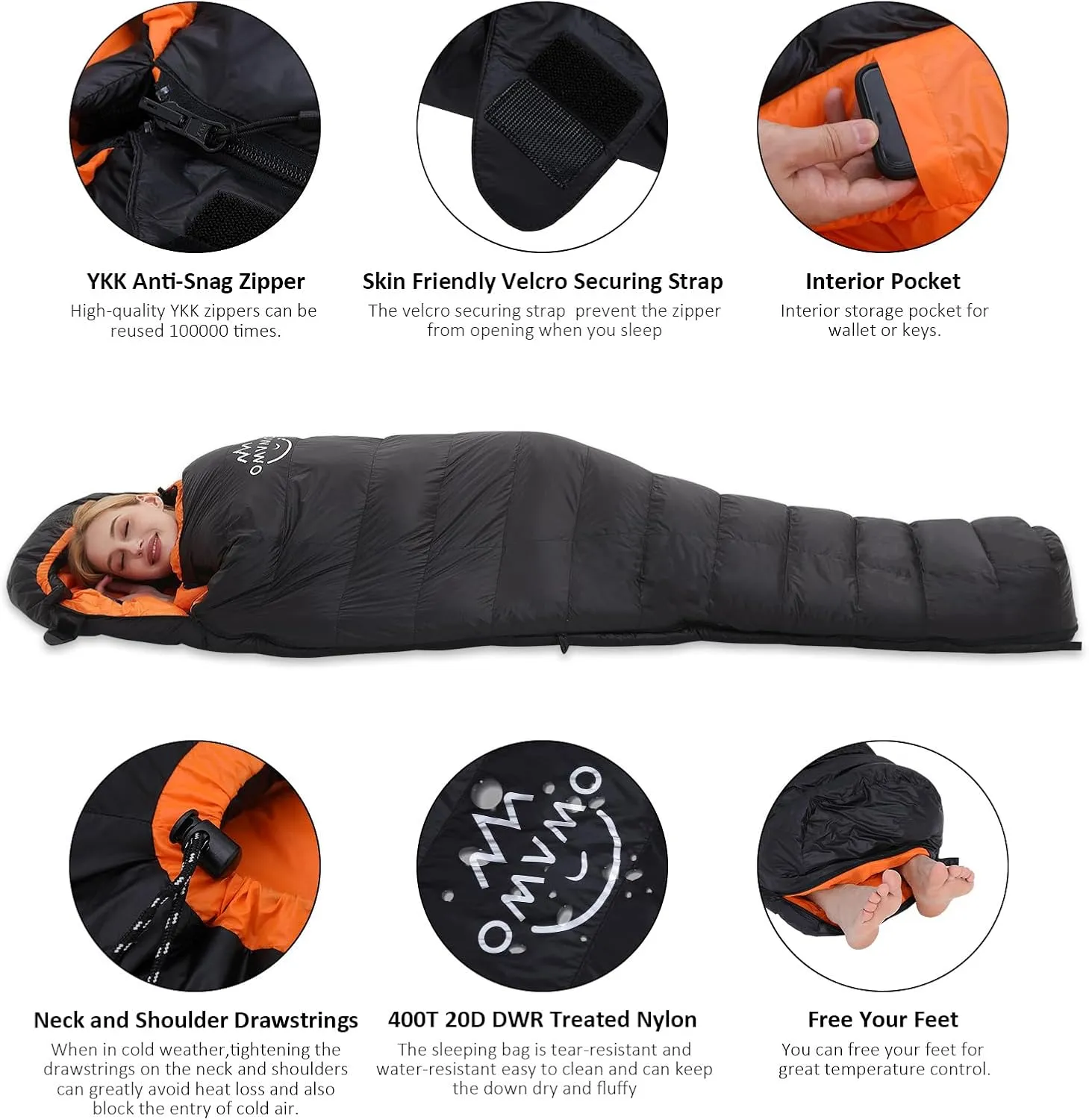 0-20 Degrees F Down Sleeping Bag for Adults - 4 Season Envelope With Arm Holes, Wearable for Backpacking Camping - Ultralight, Compact, Move Freely While Wearing