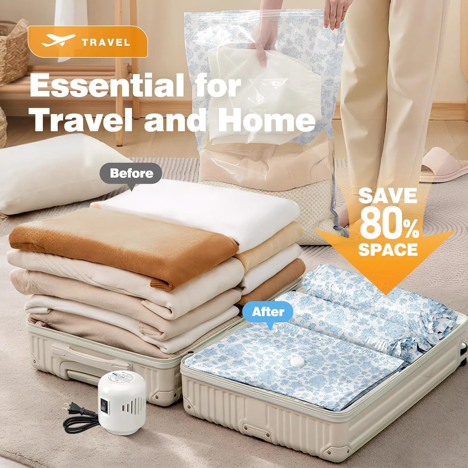 10 Pack Travel Vacuum Storage Bags with Electric Pump, 2 Large   4 Medium   4 Small Vacuum Sealer Bags, 80% Space Saver Bags for Luggage, Comforters and Blankets, Travel Essentials(Blue Flowers)