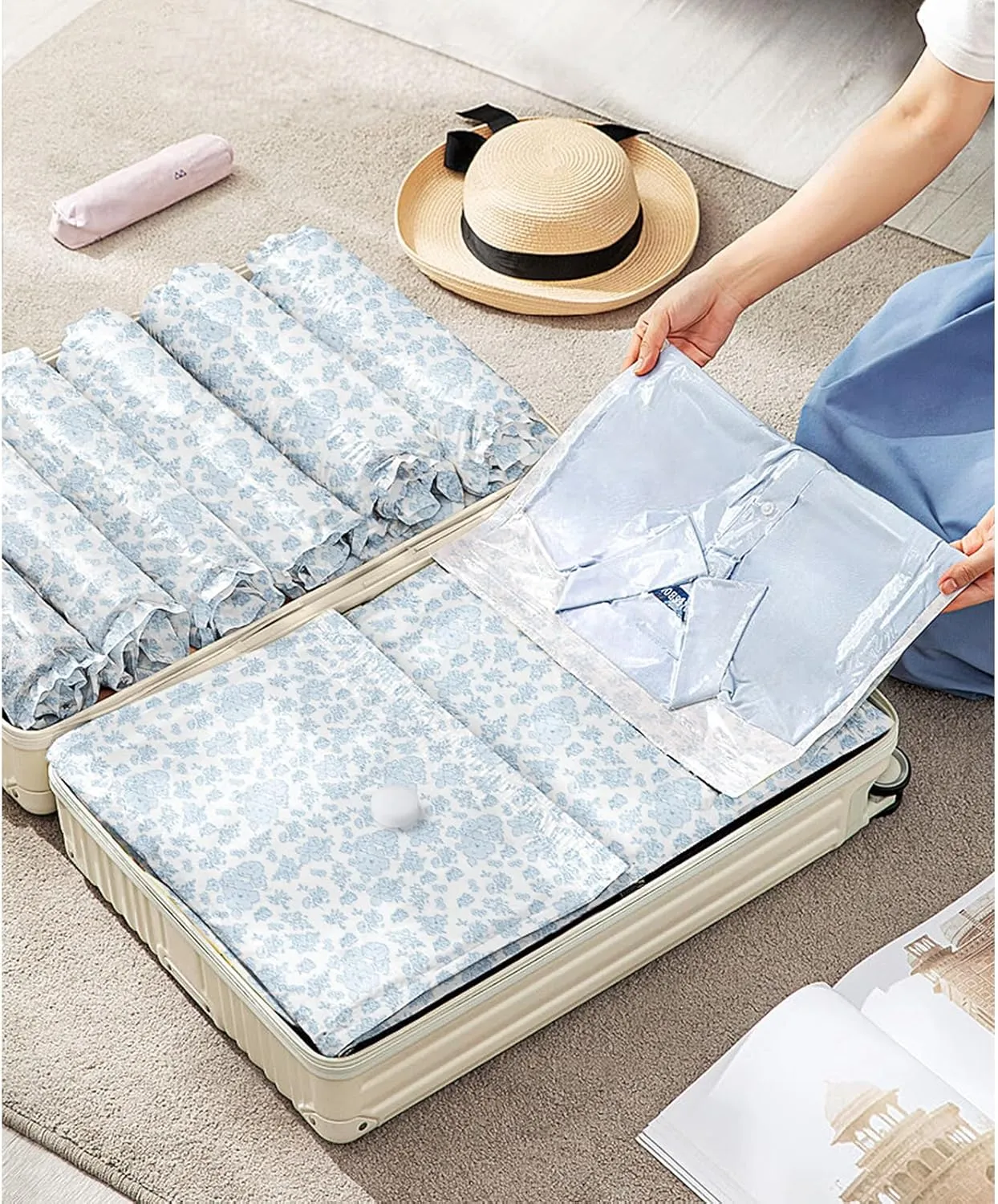 10 Pack Travel Vacuum Storage Bags with Electric Pump, 2 Large   4 Medium   4 Small Vacuum Sealer Bags, 80% Space Saver Bags for Luggage, Comforters and Blankets, Travel Essentials(Blue Flowers)