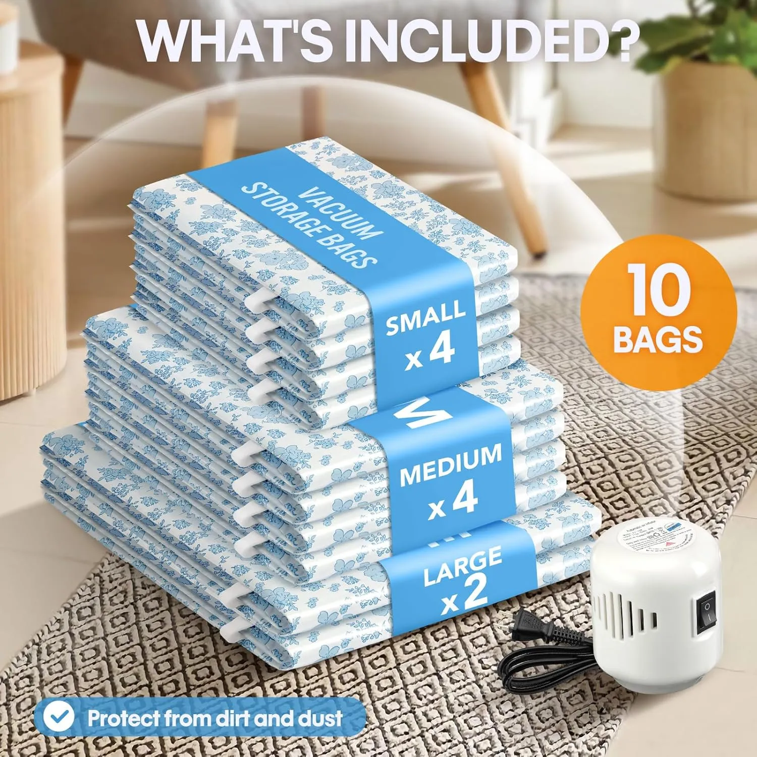 10 Pack Travel Vacuum Storage Bags with Electric Pump, 2 Large   4 Medium   4 Small Vacuum Sealer Bags, 80% Space Saver Bags for Luggage, Comforters and Blankets, Travel Essentials(Blue Flowers)
