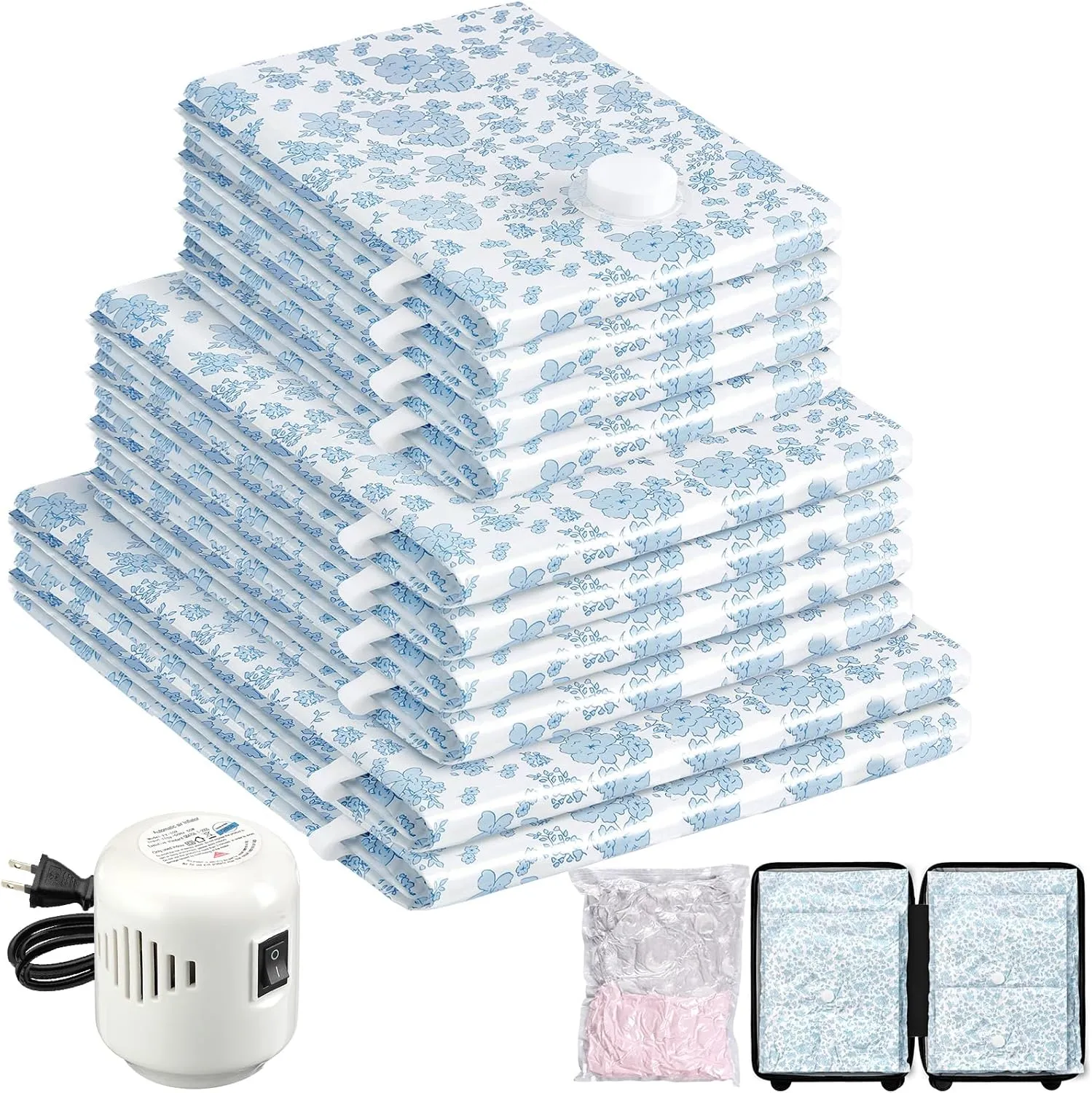 10 Pack Travel Vacuum Storage Bags with Electric Pump, 2 Large   4 Medium   4 Small Vacuum Sealer Bags, 80% Space Saver Bags for Luggage, Comforters and Blankets, Travel Essentials(Blue Flowers)