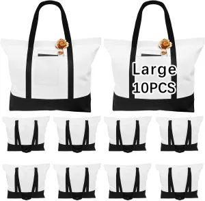 10 PCS Stylish canvas tote bags for women,blank large size tote bag With zipper,sublimation tote bag with pockets