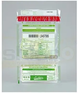 100 Cashier Depot Tamper Evident Bank Deposit Bags, 10" x 15" Clear, Twin Pockets, Serialized Numbering, Barcode, Press & Seal Void Closure Tape