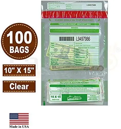 100 Cashier Depot Tamper Evident Bank Deposit Bags, 10" x 15" Clear, Twin Pockets, Serialized Numbering, Barcode, Press & Seal Void Closure Tape