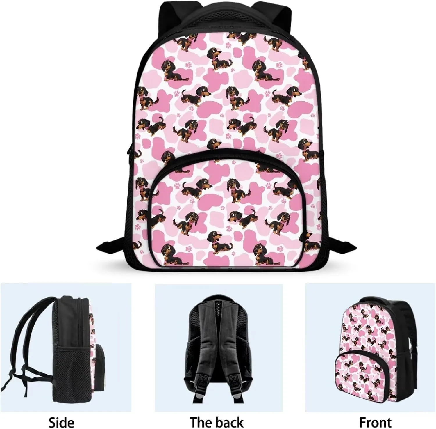 12 Inch Dachshund Dog School Backpack for Girls Pink Cow Print Backpack with Versatile Design Kindergarten Elementary Bookbag for Students Trendy Travel Daypack with Carrying Straps