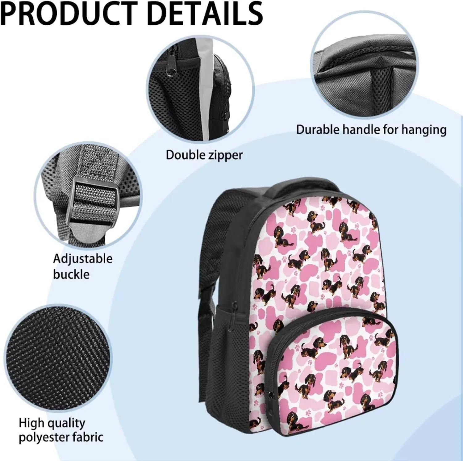 12 Inch Dachshund Dog School Backpack for Girls Pink Cow Print Backpack with Versatile Design Kindergarten Elementary Bookbag for Students Trendy Travel Daypack with Carrying Straps