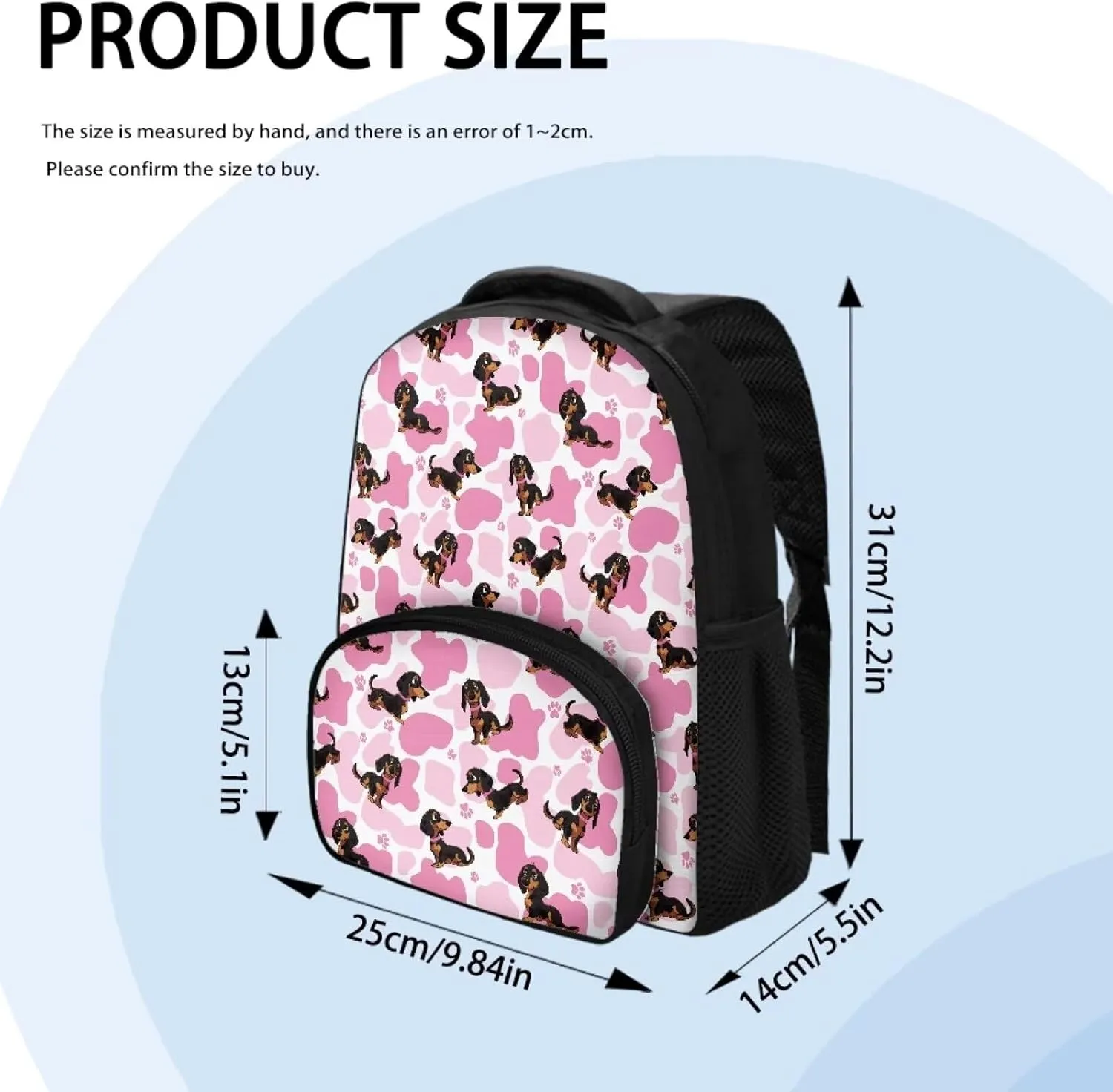 12 Inch Dachshund Dog School Backpack for Girls Pink Cow Print Backpack with Versatile Design Kindergarten Elementary Bookbag for Students Trendy Travel Daypack with Carrying Straps