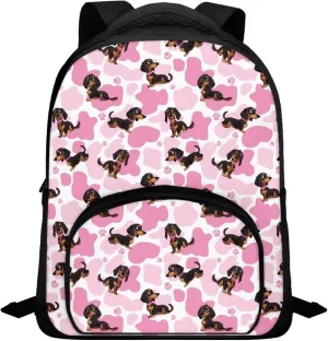 12 Inch Dachshund Dog School Backpack for Girls Pink Cow Print Backpack with Versatile Design Kindergarten Elementary Bookbag for Students Trendy Travel Daypack with Carrying Straps