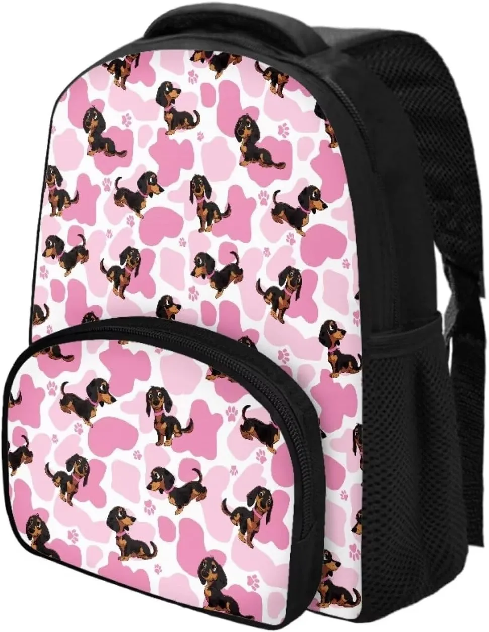 12 Inch Dachshund Dog School Backpack for Girls Pink Cow Print Backpack with Versatile Design Kindergarten Elementary Bookbag for Students Trendy Travel Daypack with Carrying Straps