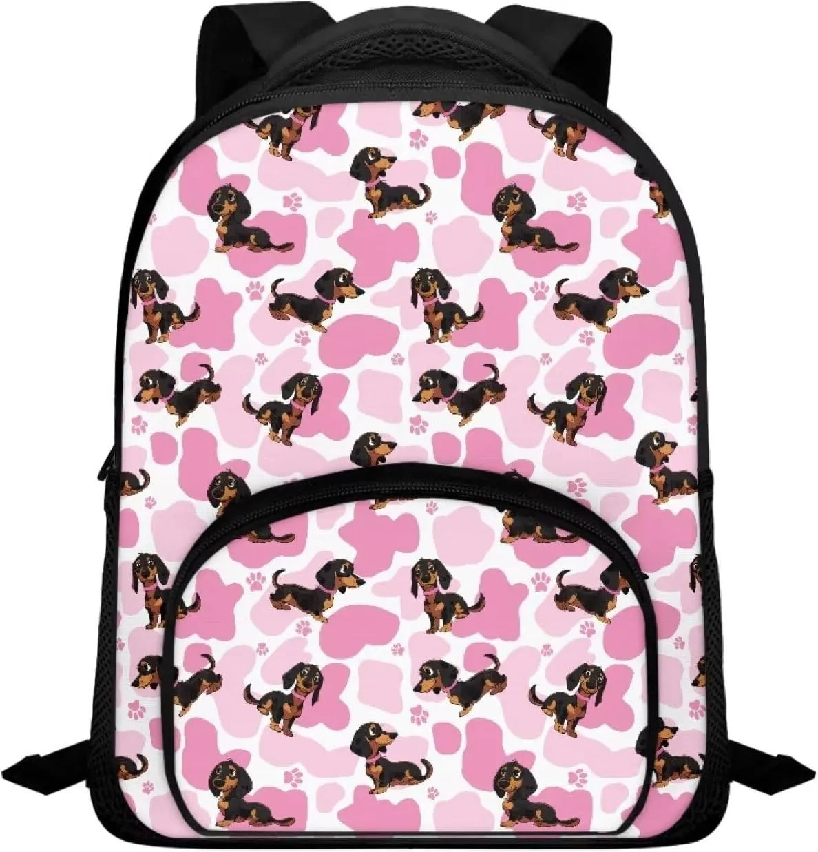 12 Inch Dachshund Dog School Backpack for Girls Pink Cow Print Backpack with Versatile Design Kindergarten Elementary Bookbag for Students Trendy Travel Daypack with Carrying Straps