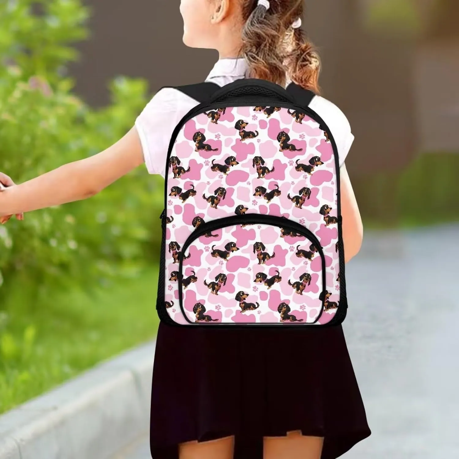 12 Inch Dachshund Dog School Backpack for Girls Pink Cow Print Backpack with Versatile Design Kindergarten Elementary Bookbag for Students Trendy Travel Daypack with Carrying Straps