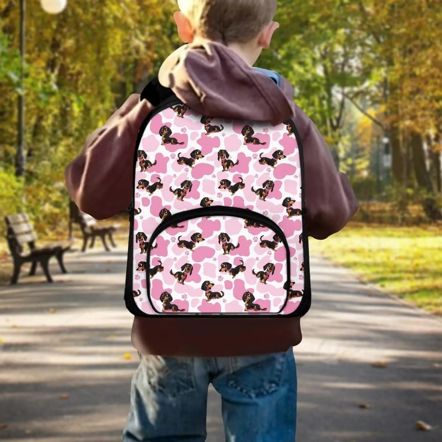 12 Inch Dachshund Dog School Backpack for Girls Pink Cow Print Backpack with Versatile Design Kindergarten Elementary Bookbag for Students Trendy Travel Daypack with Carrying Straps
