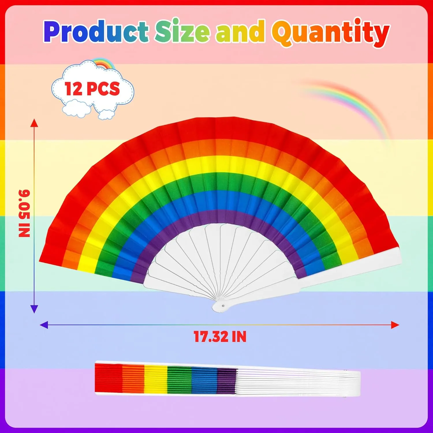 12PCS LGBT Pride Accessories, Portable Rainbow Parade Fans, Foldable Rainbow Holding Fans for Women, Plastic Pride Month Festival Big Folding Fans for LGBT Pride Month Party Decorations