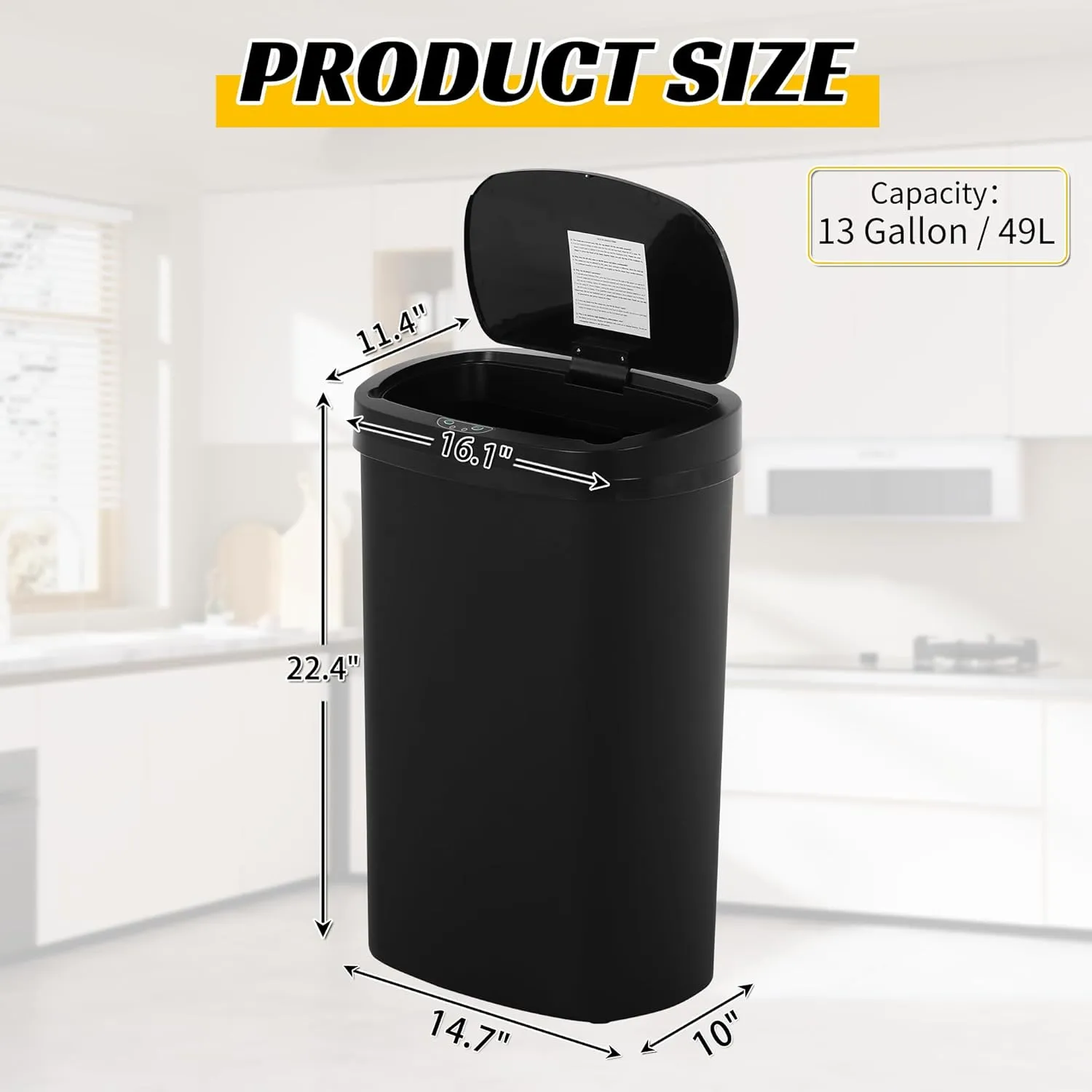 13 Gallon Plastic Kitchen Trash Can Automatic Touch-Free Motion Sensor Trash Bin with Lid, Waterproof Garbage Can Durable Garbage Waste Bin for Kitchen, Bathroom, Bedroom, Office(Black)