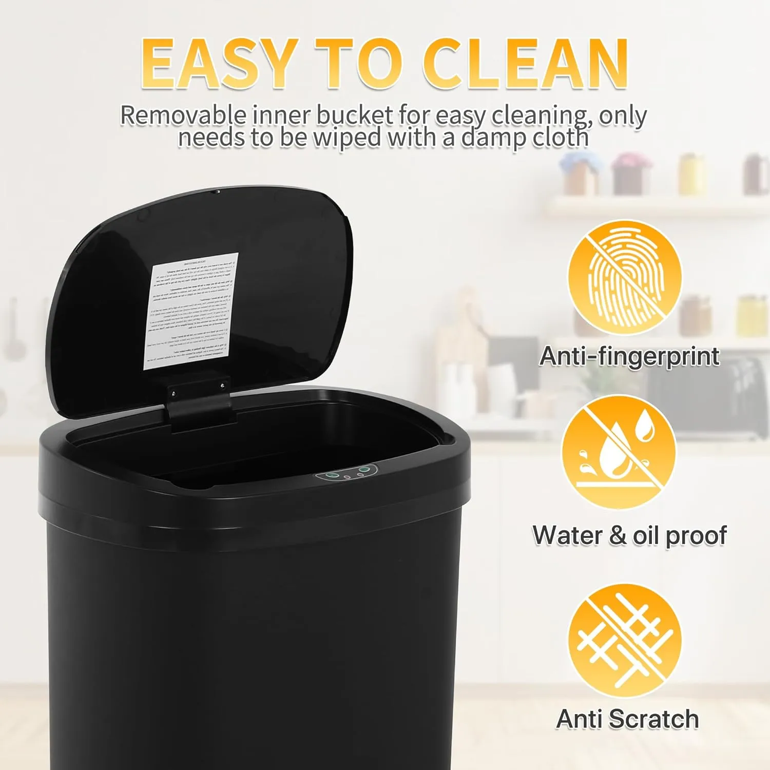 13 Gallon Plastic Kitchen Trash Can Automatic Touch-Free Motion Sensor Trash Bin with Lid, Waterproof Garbage Can Durable Garbage Waste Bin for Kitchen, Bathroom, Bedroom, Office(Black)