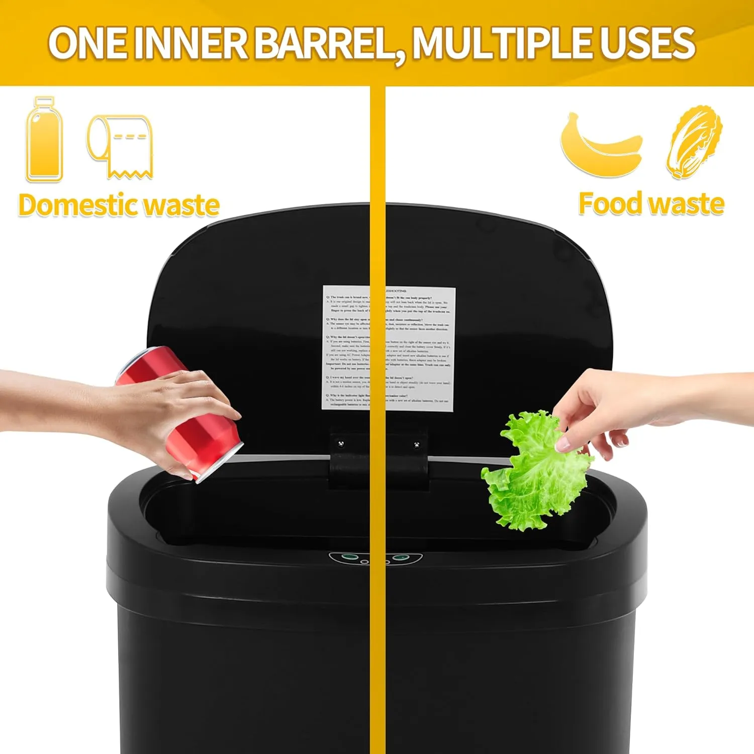 13 Gallon Plastic Kitchen Trash Can Automatic Touch-Free Motion Sensor Trash Bin with Lid, Waterproof Garbage Can Durable Garbage Waste Bin for Kitchen, Bathroom, Bedroom, Office(Black)