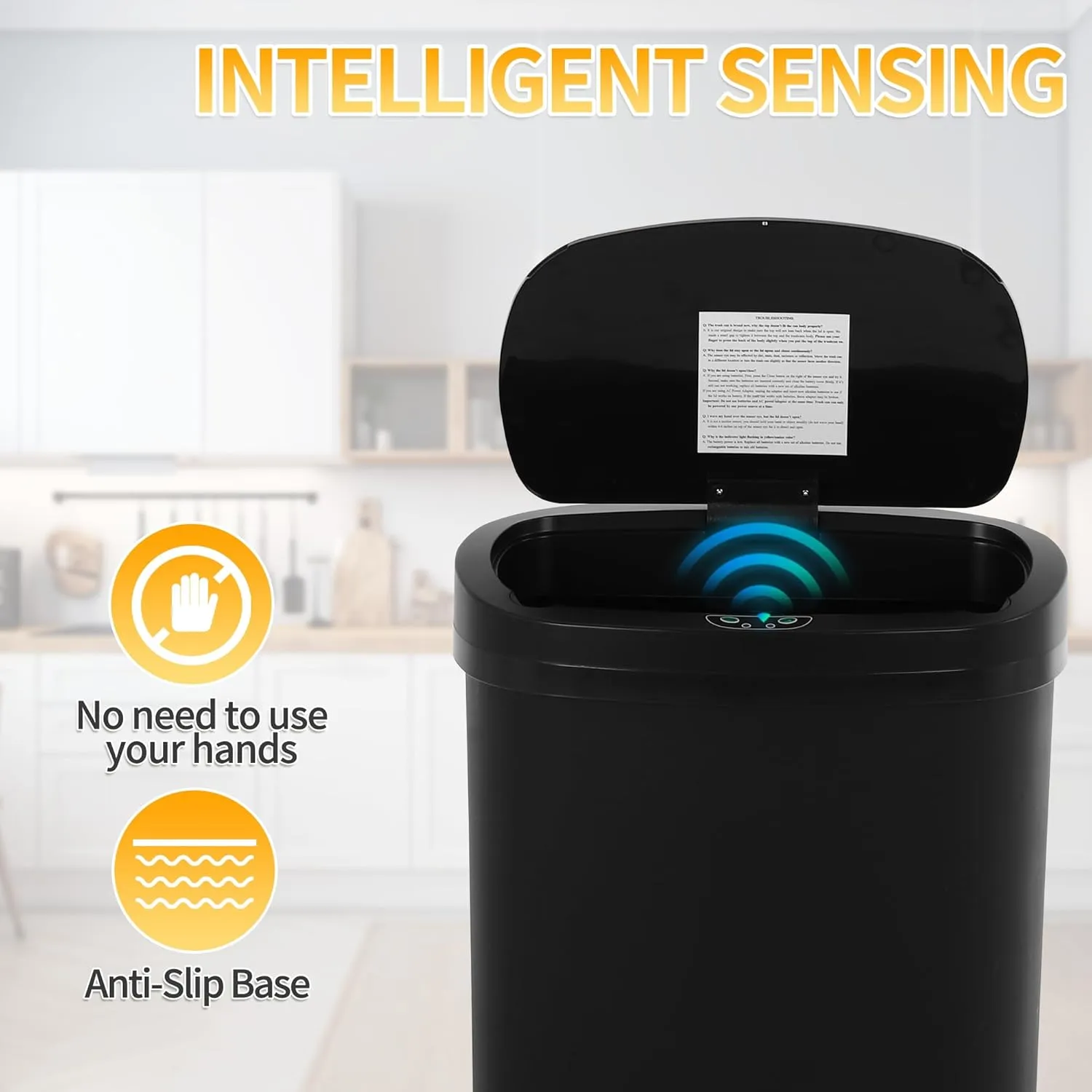 13 Gallon Plastic Kitchen Trash Can Automatic Touch-Free Motion Sensor Trash Bin with Lid, Waterproof Garbage Can Durable Garbage Waste Bin for Kitchen, Bathroom, Bedroom, Office(Black)