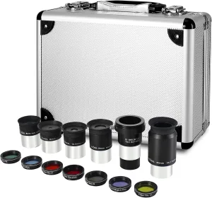 13 Piece Telescope Accessory Kit - 1.25" Telescope Eyepiece and Filter Set with a Sturdy Carry Case - 5pcs Plossl Telescope Eyepieces - 2X Barlow Lens - 7pcs Filters