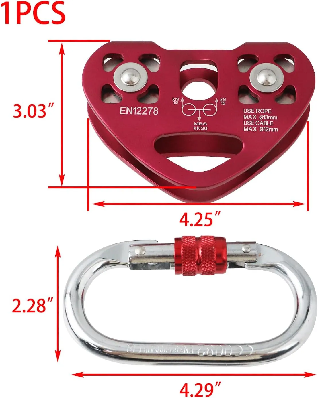 1PCS Red Zipline Pulley Steel Tandem Speed Double Pulley Climbing Pulley Cable Rope Heavy Duty for Rescue Climbing Hauling Backyard Zipline Mountaineering Rigging