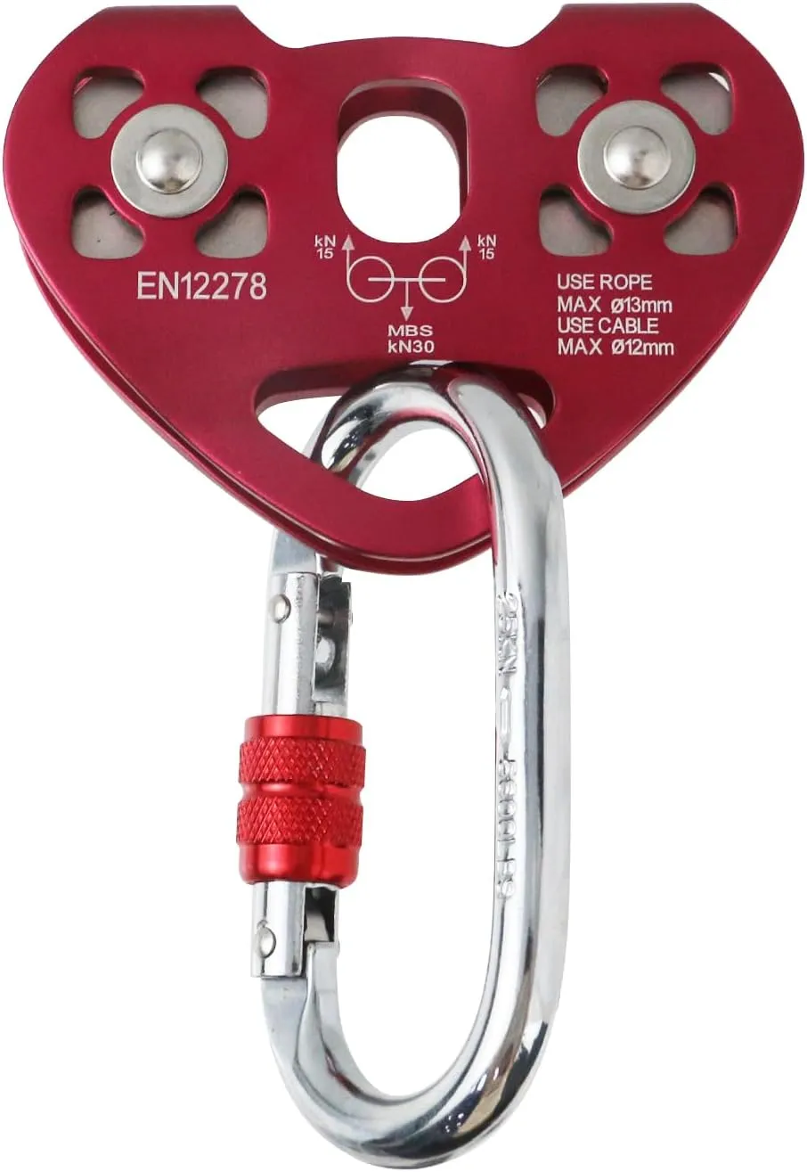 1PCS Red Zipline Pulley Steel Tandem Speed Double Pulley Climbing Pulley Cable Rope Heavy Duty for Rescue Climbing Hauling Backyard Zipline Mountaineering Rigging