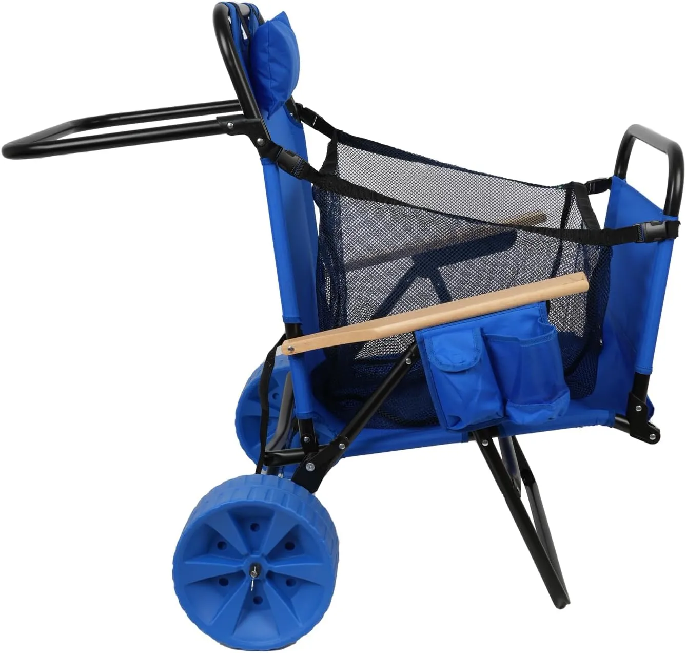 2-in-1 Beach Cart Chair with Wheels - Foldable Lounge Chair & Pull Wagon for Sand Pool Picnic - 5-Position Adjustable Recliner with Mesh Basket & Side Pocket (Light Blue)