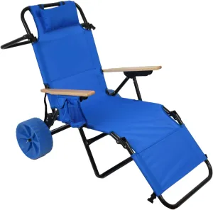 2-in-1 Beach Cart Chair with Wheels - Foldable Lounge Chair & Pull Wagon for Sand Pool Picnic - 5-Position Adjustable Recliner with Mesh Basket & Side Pocket (Light Blue)
