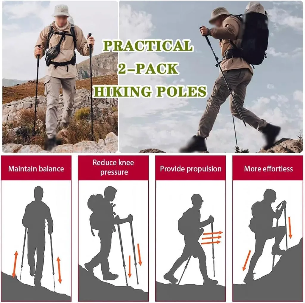 2 Pack Adjustable Aluminum Hiking Sticks, Outdoor Professional Trekking Poles, Mountaining Gear, for Camping, Backpacking