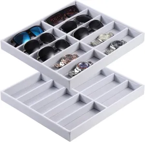 2-Pack Stackable Sunglasses Organizer Tray, 10-Grid Velvet Eyewear Storage Box, Multi-Purpose Jewelry & Watch Holder For Drawers & Dressers