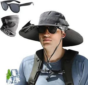 2025 New Ultralight Solar Fan Sun Hat with Two Fans Solar Power,Wide Brim Solar Fan Outdoor Fishing Hat-Solar & USB Charging