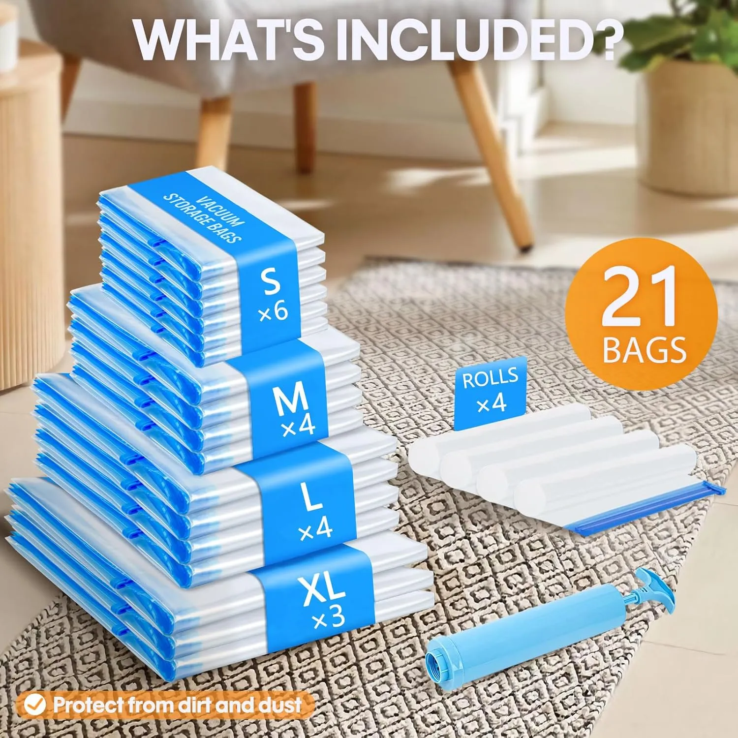 21 Pack Vacuum Storage Bags,Vacuum Seal Bag with Hand Pump, 3 Jumbo 4 Large 4 Medium 6 Small 4 Roll Up Bags, 80% Space Saver Bags for Clothes,Comforters and Blankets, Home Travel Essentials