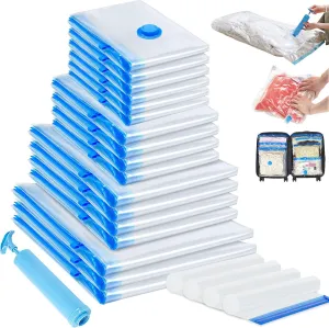 21 Pack Vacuum Storage Bags,Vacuum Seal Bag with Hand Pump, 3 Jumbo 4 Large 4 Medium 6 Small 4 Roll Up Bags, 80% Space Saver Bags for Clothes,Comforters and Blankets, Home Travel Essentials