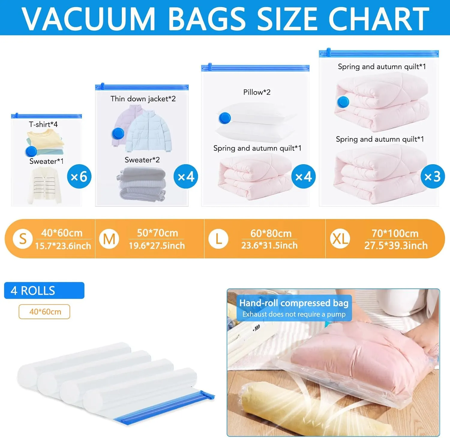 21 Pack Vacuum Storage Bags,Vacuum Seal Bag with Hand Pump, 3 Jumbo 4 Large 4 Medium 6 Small 4 Roll Up Bags, 80% Space Saver Bags for Clothes,Comforters and Blankets, Home Travel Essentials