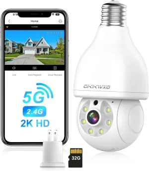 2.4&5G Dual Band Light Bulb Security Camera, 3MP Wireless Light Bulb Camera,Motion Detection,Two-Way Talk,24/7 Recording, with 32G SD Card (5 Days Local Video Storage)