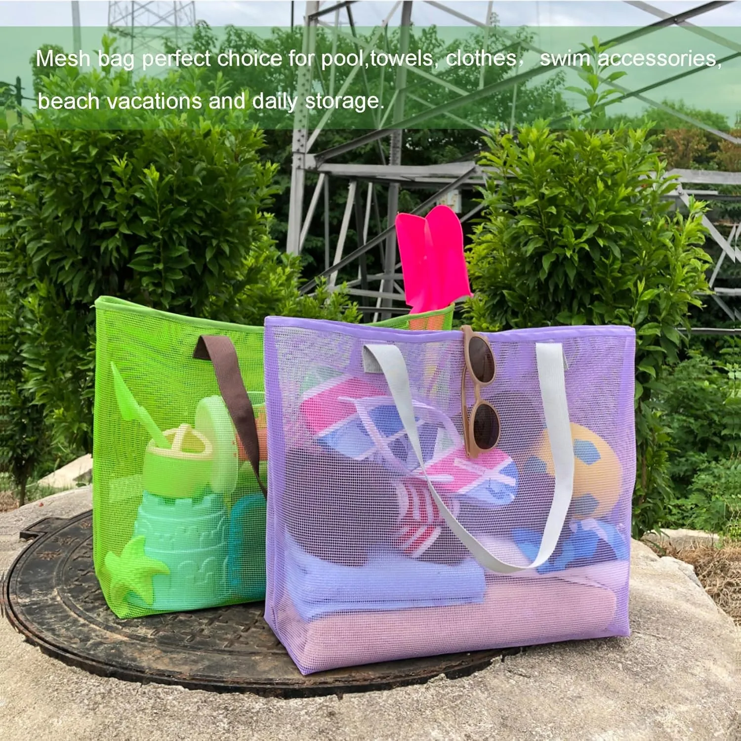 2Pack Large lightweight Simple Mesh Beach Tote Bag With snap Button Reusable Pool Bag for Outdoor Travel Shopping Gym