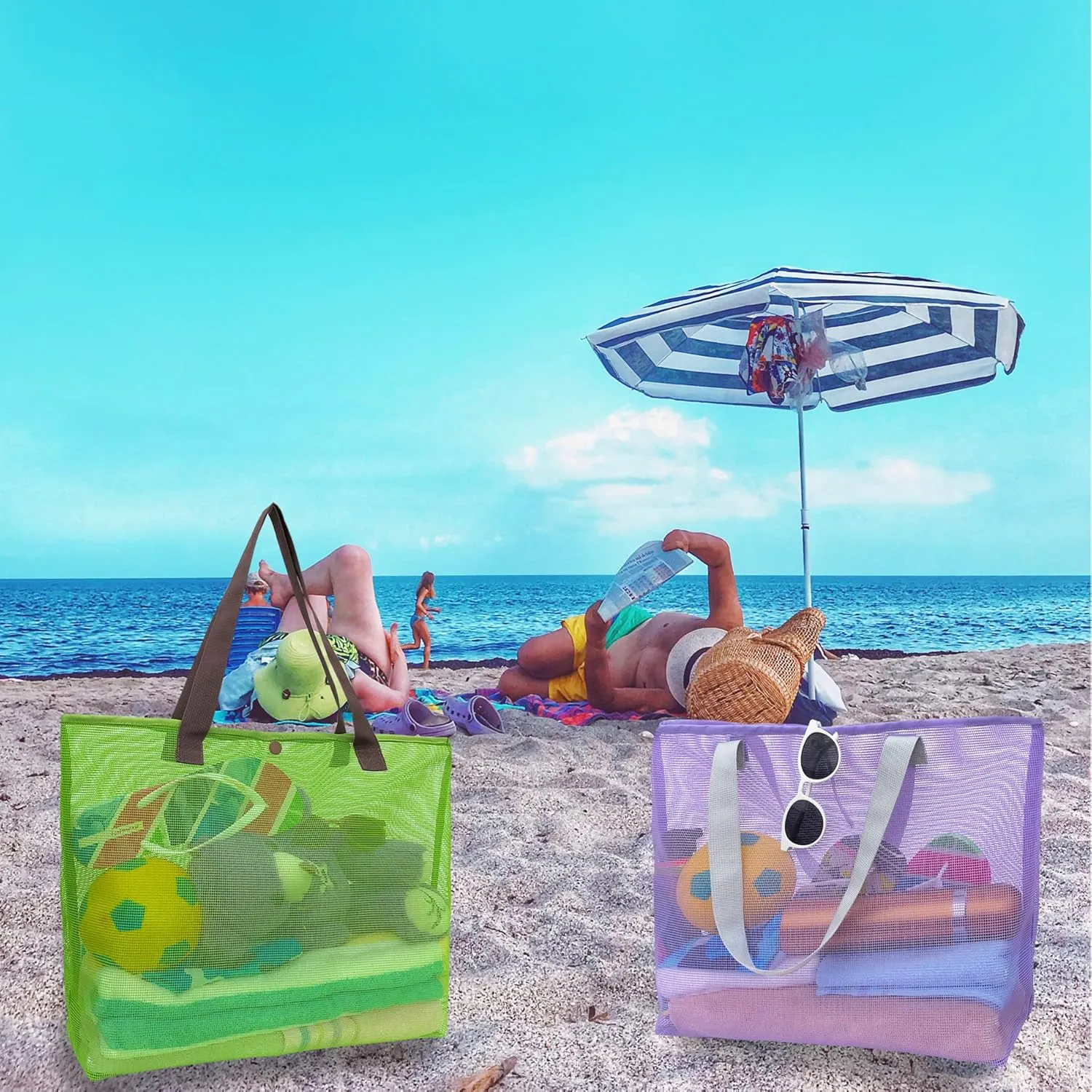 2Pack Large lightweight Simple Mesh Beach Tote Bag With snap Button Reusable Pool Bag for Outdoor Travel Shopping Gym