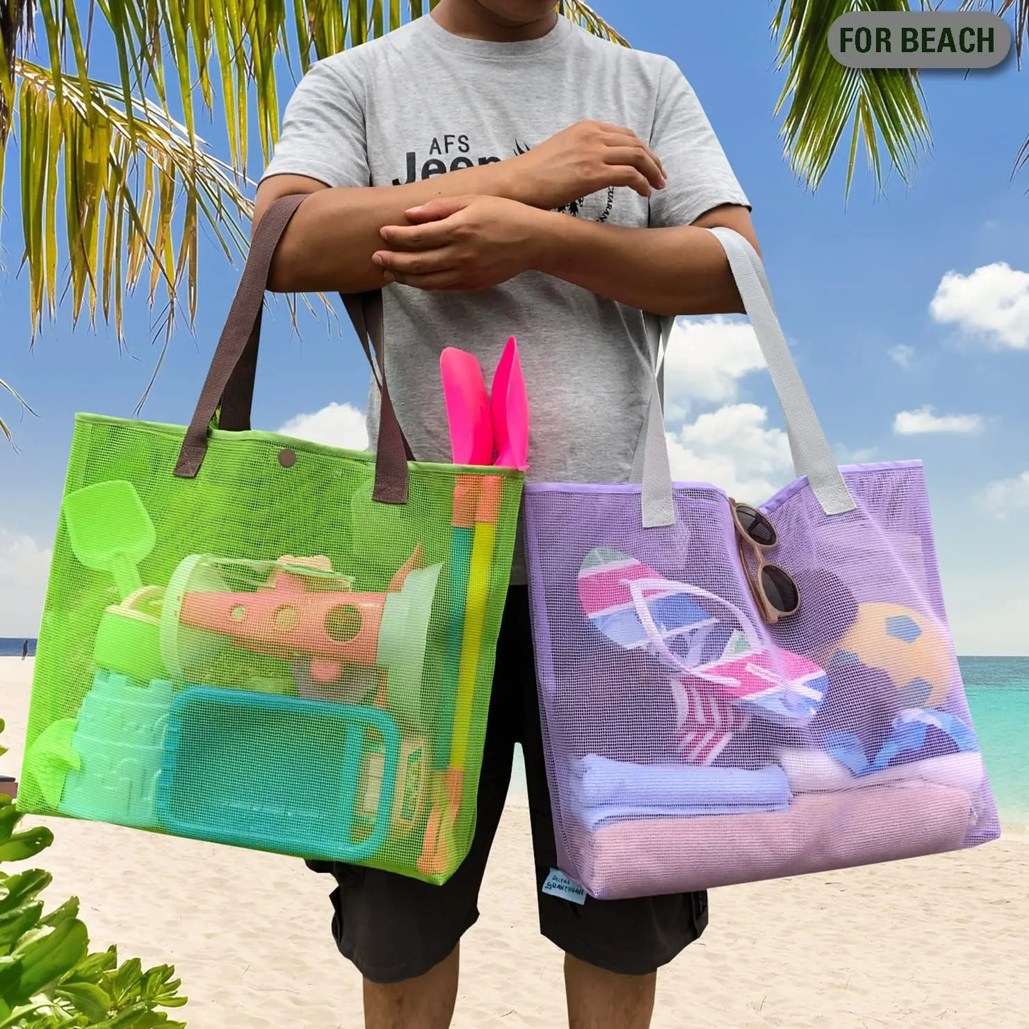 2Pack Large lightweight Simple Mesh Beach Tote Bag With snap Button Reusable Pool Bag for Outdoor Travel Shopping Gym