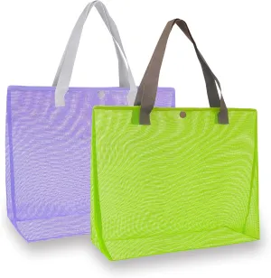 2Pack Large lightweight Simple Mesh Beach Tote Bag With snap Button Reusable Pool Bag for Outdoor Travel Shopping Gym
