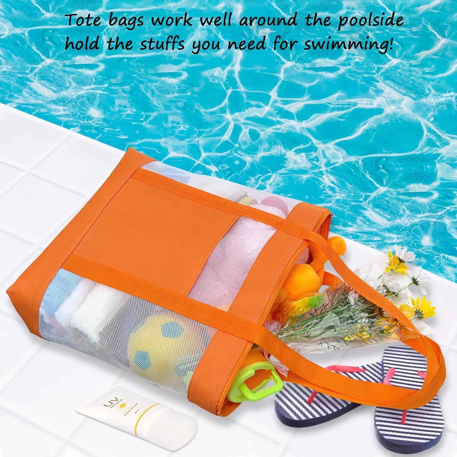 2Pack Lightweight Mesh Tote Bag,Sandproof Beach Bags with Zipper &Double Pocket For Groceries,Poolside,Travel,Towels