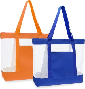 2Pack Lightweight Mesh Tote Bag,Sandproof Beach Bags with Zipper &Double Pocket For Groceries,Poolside,Travel,Towels