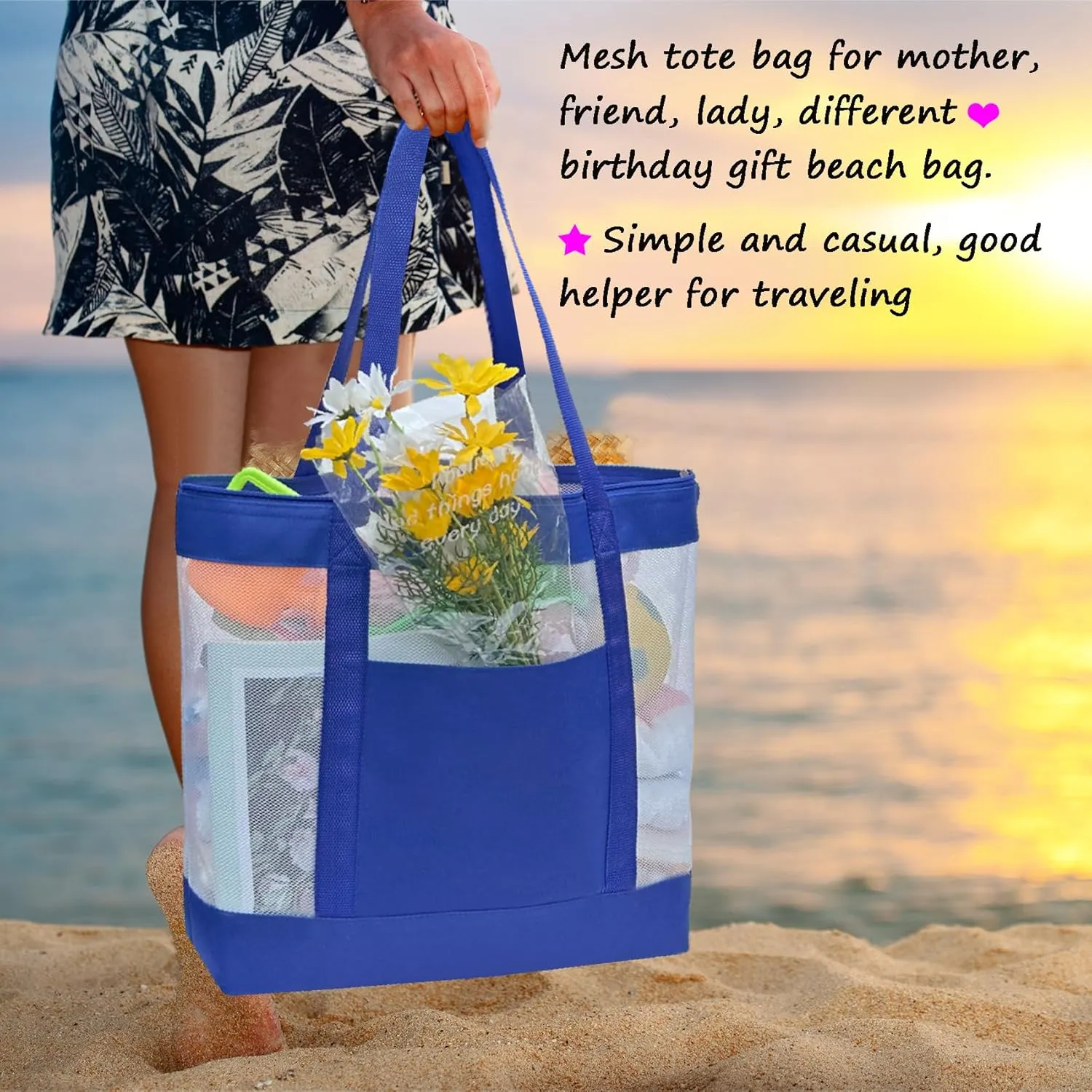 2Pack Lightweight Mesh Tote Bag,Sandproof Beach Bags with Zipper &Double Pocket For Groceries,Poolside,Travel,Towels