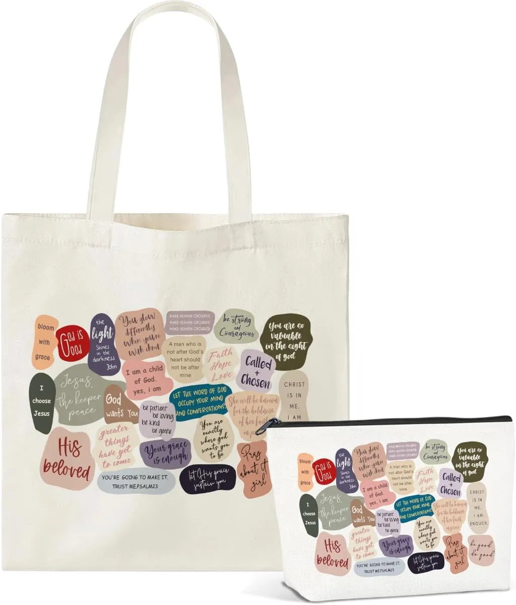 2Pcs Canvas Bible Tote Bag Small Makeup Bag Religious Gifts for Women Christian Gifts Secret Sister Gifts for Women Christian Mom Aunt Grocery Shopping Travel Gym Womens Work Tote Bag