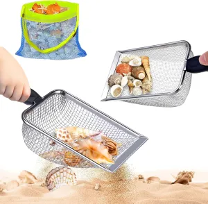3 Pcs Beach Mesh Shovel with Mesh Beach Bag for Shell Collecting, Kids Filter Sand Scooper for Picking Up Shells, Shark Tooth Sifter Dipper for Boys and Girls, Toy(Beach Sand Sifter &Shell Bag)