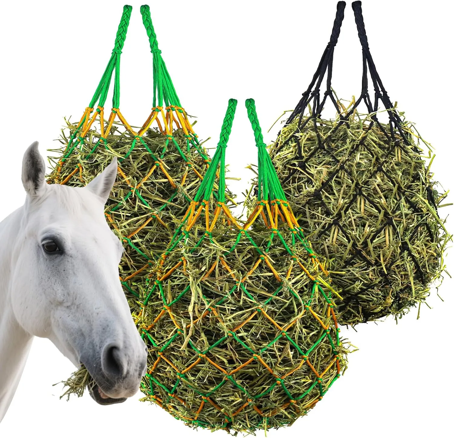 3 Pcs Hay Bags for Horses, Hay Nets for Horses Goat Sheep,Goat Hay Feeder for Slower Feeding,Strong Load-Bearing Hay Bag Hanging for Horse Stable Trailer (Green,Blank)