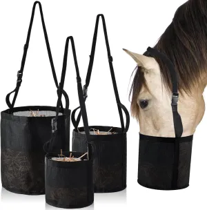 3 Pcs Horse Feed Bag Heavy Duty Mesh Horse Feeder Breathable Grain Bag Mesh Horse Feed Bucket with Adjustable Strap and Waterproof Bottom, Black, 3 Size
