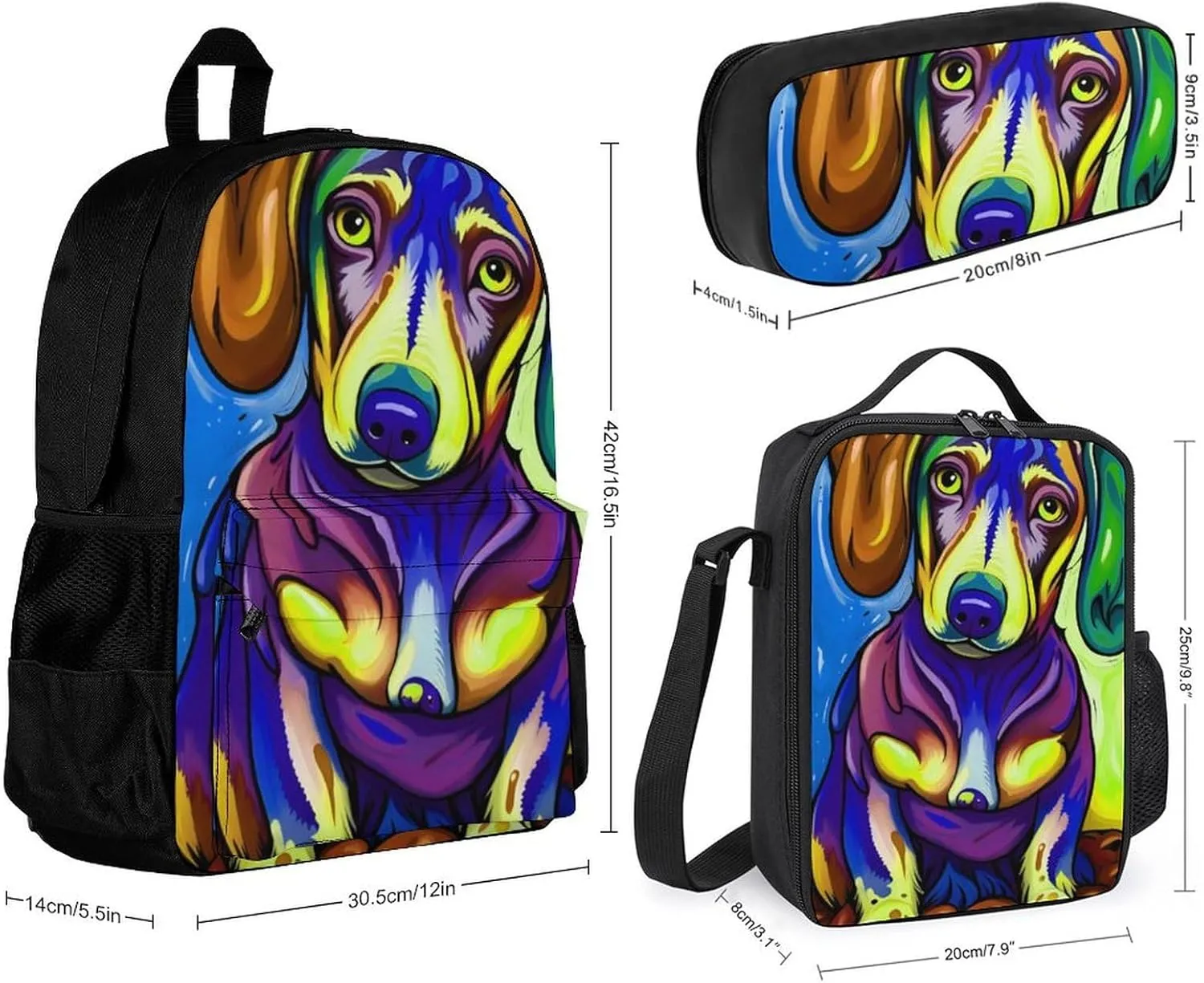 3 Piece Backpack Large Capacity Carry On Bag Backpack for Hiking Outdoors Running - Sausage Dog Dachshund Art, Adult, Travel Daypack