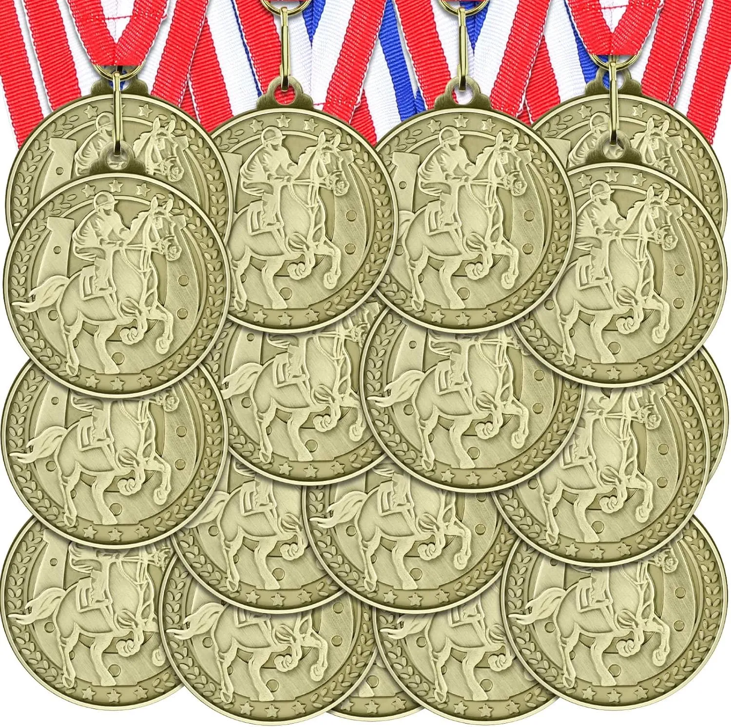 36 Pcs Horse Award Medals Bulk Gold Trophy Award Winner Metal Horse Racing Medals Bulk with Neck Ribbons Race Gifts for Horseback Riding Tournaments
