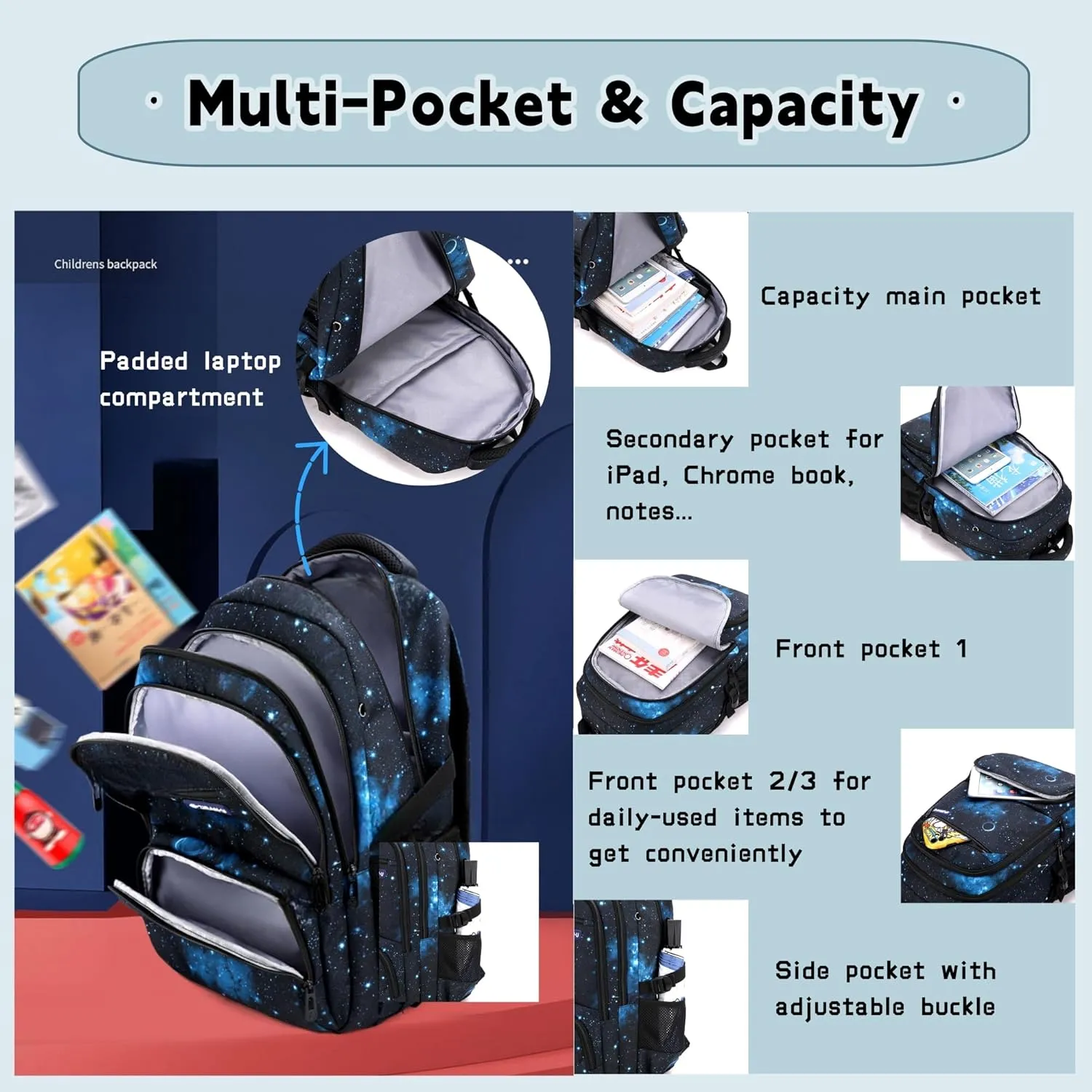 3Pcs Black Galaxy Boys Rolling Backpack Set with Insulated Lunch Bag, Multi-Pocket Trolley Elementary Bookbags School Bags on 6 Wheels