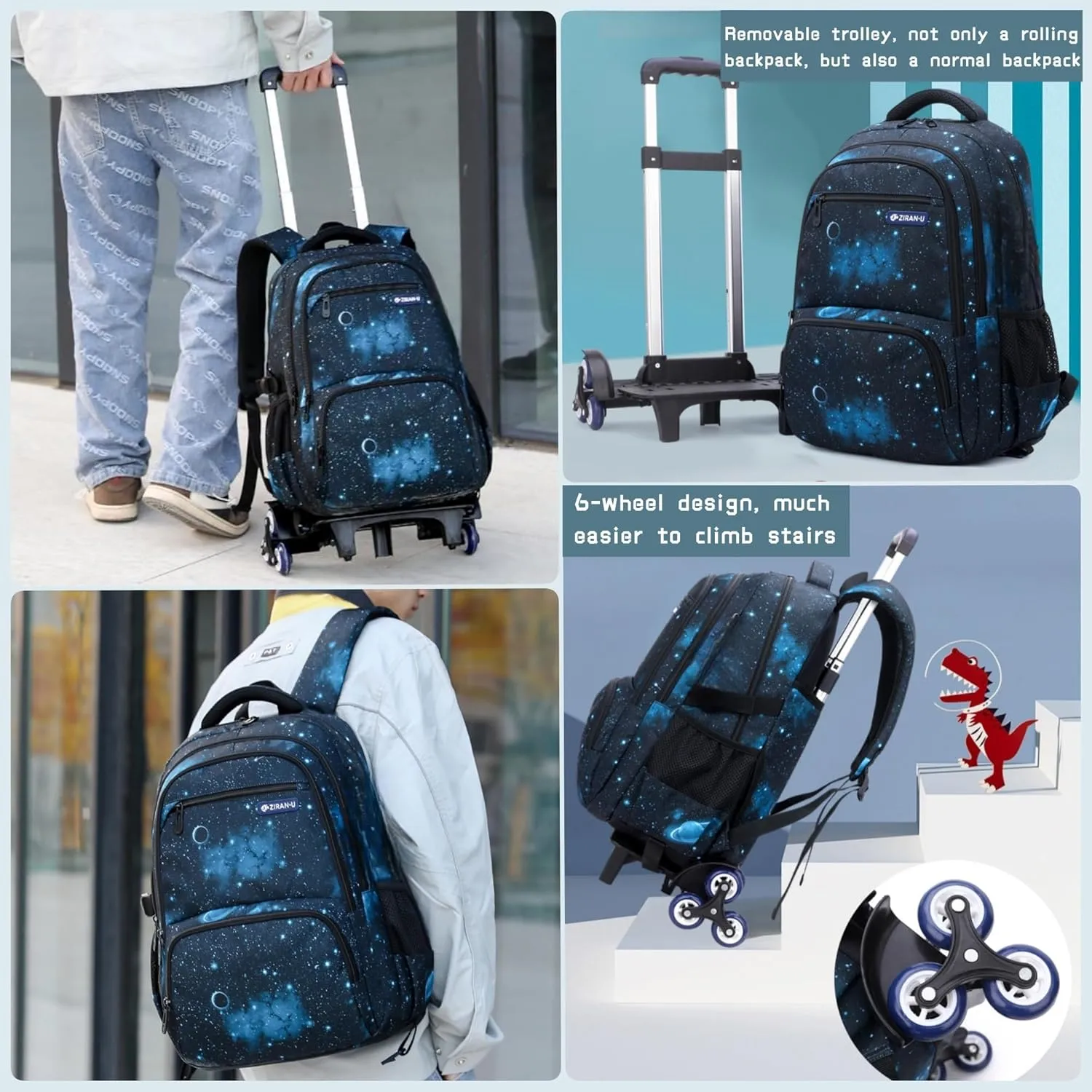 3Pcs Black Galaxy Boys Rolling Backpack Set with Insulated Lunch Bag, Multi-Pocket Trolley Elementary Bookbags School Bags on 6 Wheels