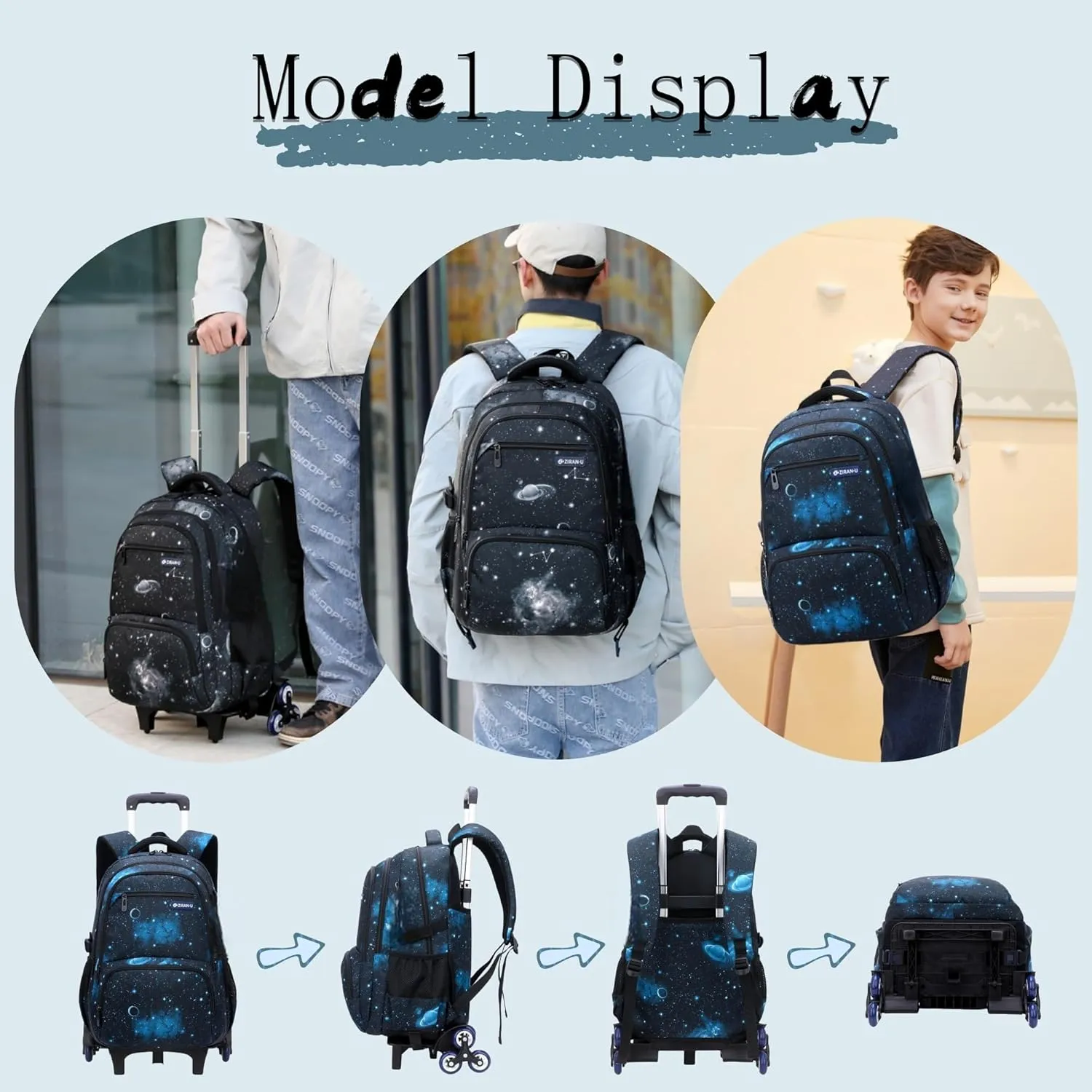 3Pcs Black Galaxy Boys Rolling Backpack Set with Insulated Lunch Bag, Multi-Pocket Trolley Elementary Bookbags School Bags on 6 Wheels