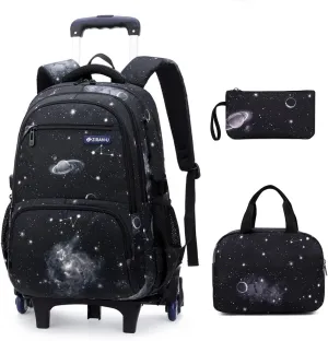 3Pcs Black Galaxy Boys Rolling Backpack Set with Insulated Lunch Bag, Multi-Pocket Trolley Elementary Bookbags School Bags on 6 Wheels
